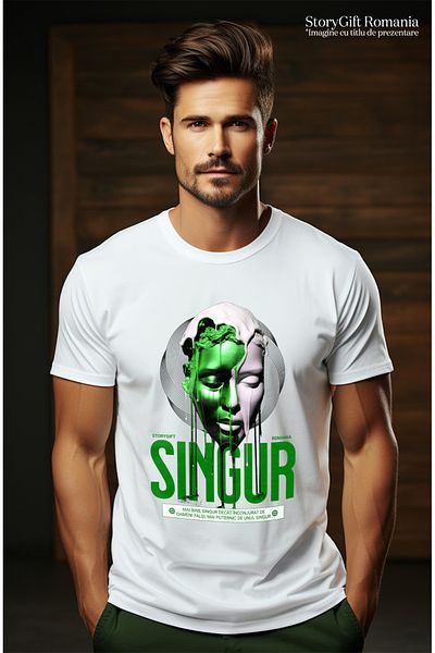 StoryGift Romania Tricou Barbati Chip Uman Curgator Text Singur Mai Bine Decat Cu Oameni Falsi Cu Imprimeu P Stg
