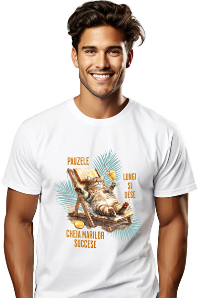 StoryGift Romania Tricou Barbati Pisica Pe Sezlong, Text Pauzele Lungi Si Des...