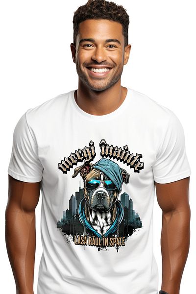 StoryGift Romania Tricou Barbati Caine Gangster Cu Ochelarii Si Lant De Aur, Mesasaj Motivational Mergi Inai Stg