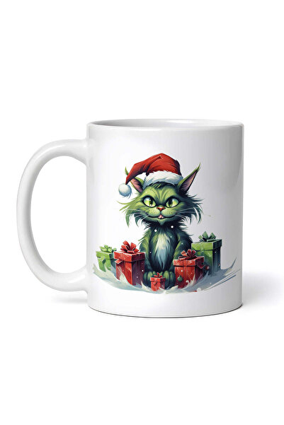 OEM Cană albă personalizată, Pisica Grinch stând printre cadouri, INOVATIX®. ...