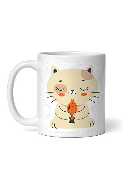 OEM Εξατομικευμένη λευκή κούπα, Γάτα που μυρίζει ένα ψάρι, INOVATIX®. 330ml