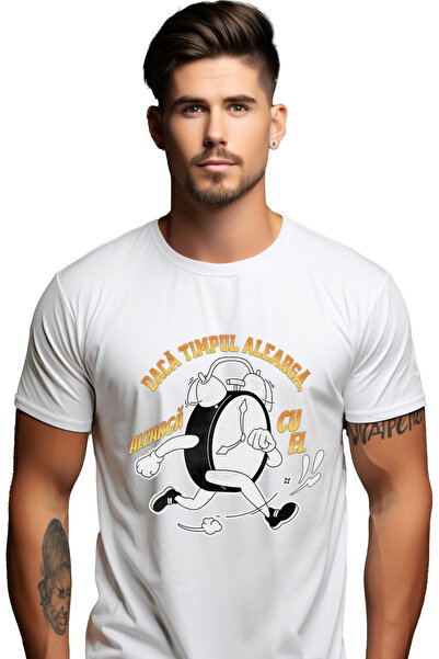 StoryGift Romania Tricou Barbati Ceas Mecanic Alergand Text Daca Timpul Alearga Cu Imprimeu Pe Fata, 100% Bu Stg