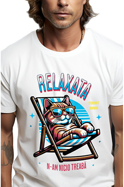 StoryGift Romania Tricou Barbati Pisica Cu Ochelari De Soare Relaxata Pe Sezl...