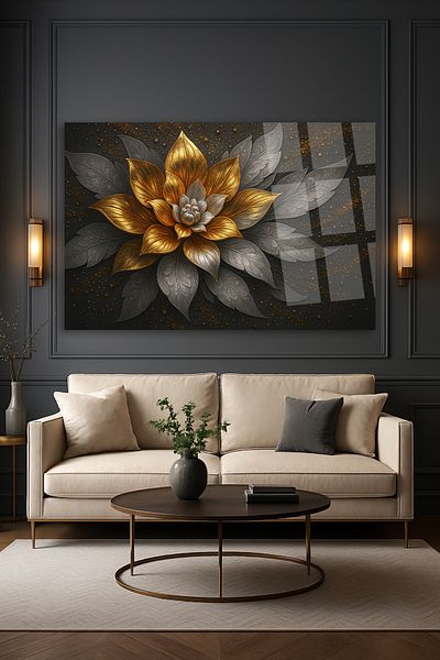 TAULART НЕЧУПЕЩА СТЪКЛЕНА МАСА LOTUS СЪС ЗЛАТНИ КАПКИ, ДЕТАЙЛИ LOTUS, МОДЕРНА МАСА, ПОДАРЪК ЗА ДОМА