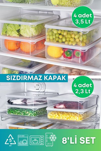 GRİMOR Life Set of 8 2.3 Lt and 3.5 Lt Leakproof Deep Freezer Freezer Storage Container Set Transparent