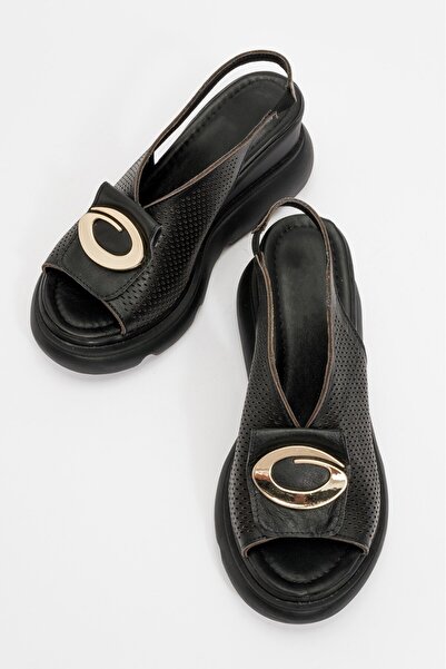 PASSAGE SHOES Women's Genuine Leather Wedge Heeled Sandals 6315 Black