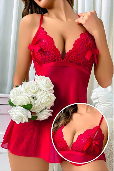 After Party Tül ve Dantel Detaylı Bordo Gecelik