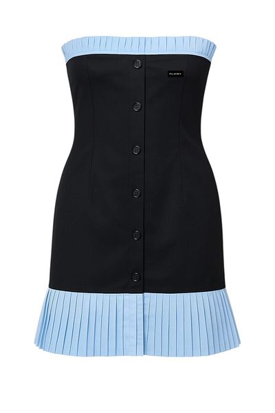 FLAST Women's Black Strapless Buttoned Pleat Detailed Organic Cotton Fabric Stella Trend Mini Dress