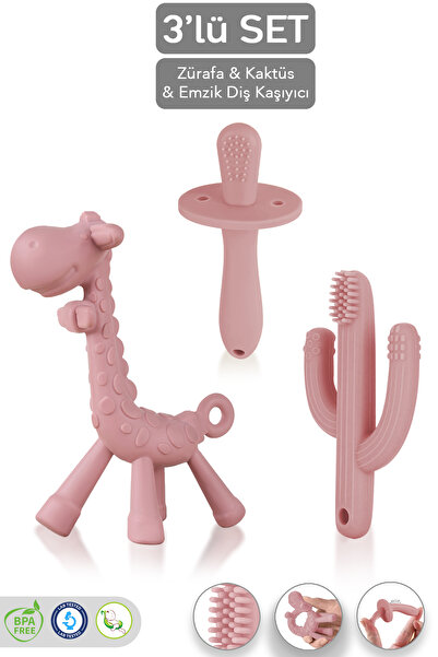 Meleni Baby 3'lü Silikon Diş Kaşıyıcı Set - Kaktüs Zürafa Figürlü Diş Kaşıyıcı Bebek Diş Kaşıma Emziği Pembe