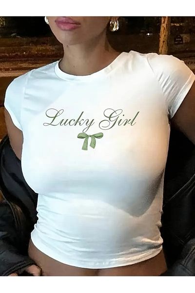 Touz Moda Μπλούζα Lucky Girl με εμπριμέ λευκό σώμα Crop