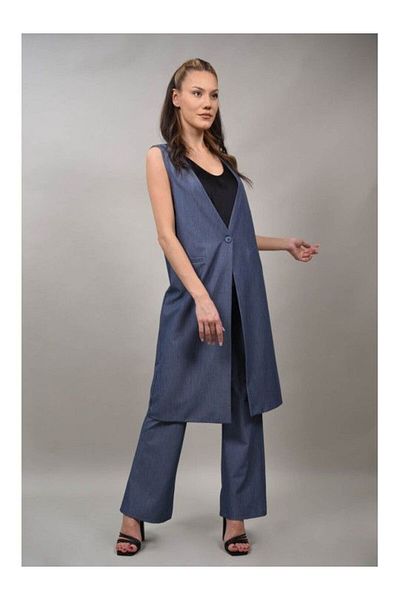 CHANGE OFF Alessandra Long Formal Waistcoat With Buttons At The Waist Denim One Size