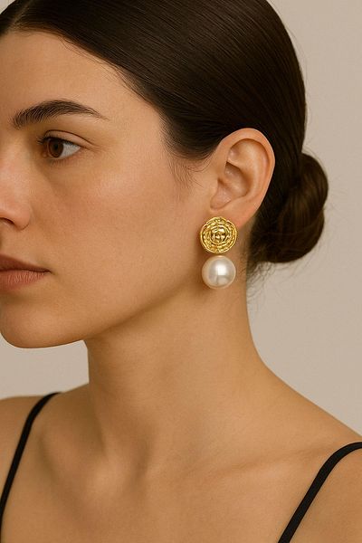 dk denemekabini Women's Stainless Gold Color Pearl Detailed Steel Earrings (Pair) - Yellow