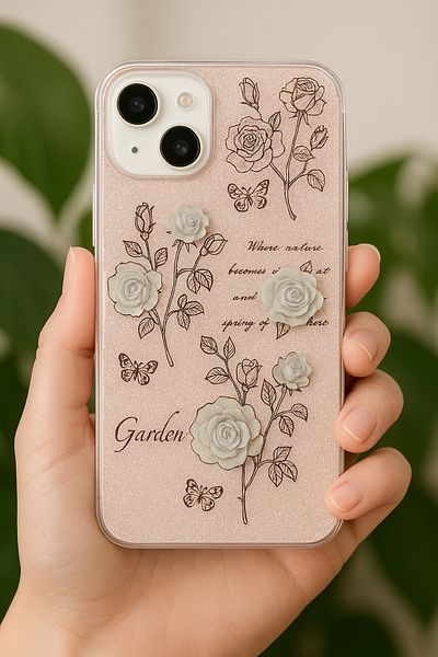Fibaks حافظة متوافقة مع هاتف Apple iPhone 13/14، غطاء ممتص للصدمات لامع وملون بنمط وردة بيضاء فضية