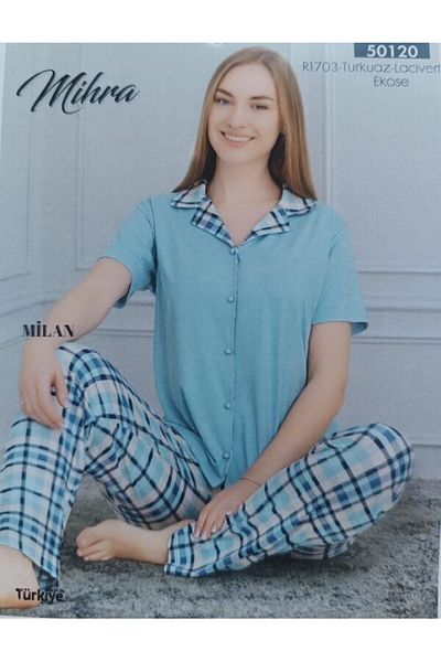 Mihra Mi̇hra 330-05-25 Women Front Button Short Sleeve Cotton Pajamas Set 50120 Sm-L-Xl 2XL