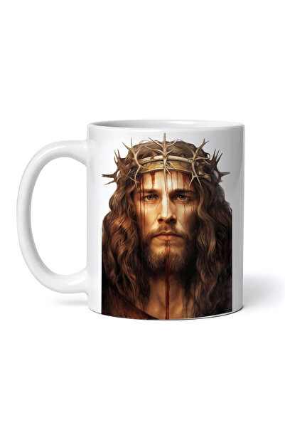 OEM Cană albă personalizată, Iisus Hristos sângerând cu o coroană de spini pe cap, INOVATIX®. 330ml