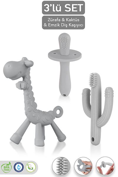 Meleni Baby 3-Piece Silicone Teether Set - Cactus Giraffe Figured Teether Baby Teething Pacifier Gray