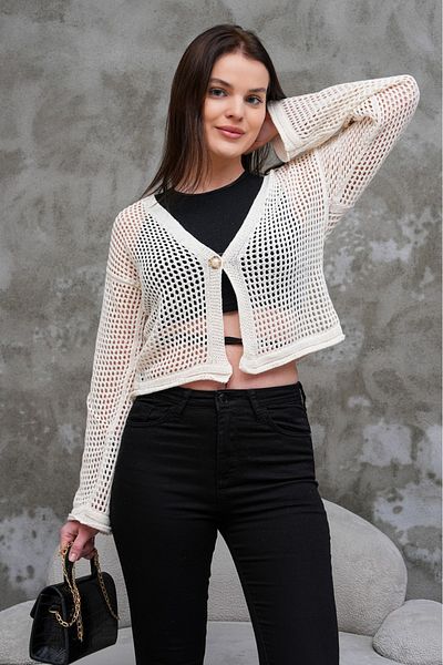 BlueTex Women's Pearl Buttoned Summer Openwork Cardigan Knitwear