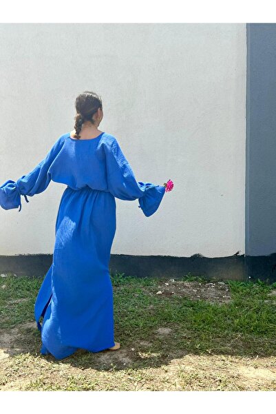 Dresslabtr 4 Kat Müslin Kumaş Önü Bağcıklı Standart Beden Uzun Elbise