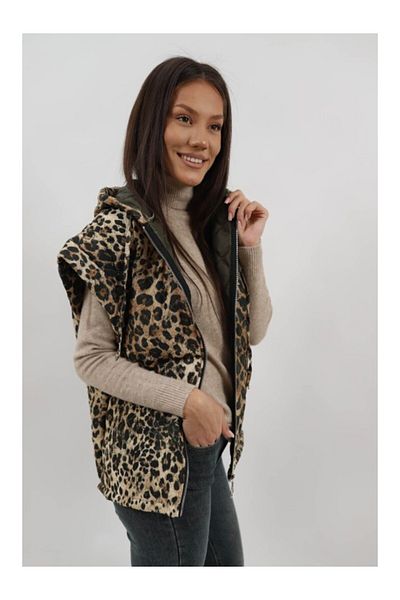CHANGE OFF Oversized Quilted Short Vest With Pockets Animal Print Riza Single Waist Khaki