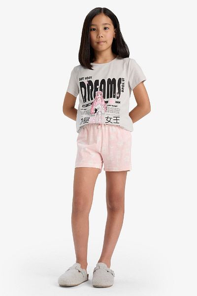DeFacto Mädchen-Pyjama-Set, bedrucktes Kurzarm-Oberteil, gemusterte Shorts E0545a825hs