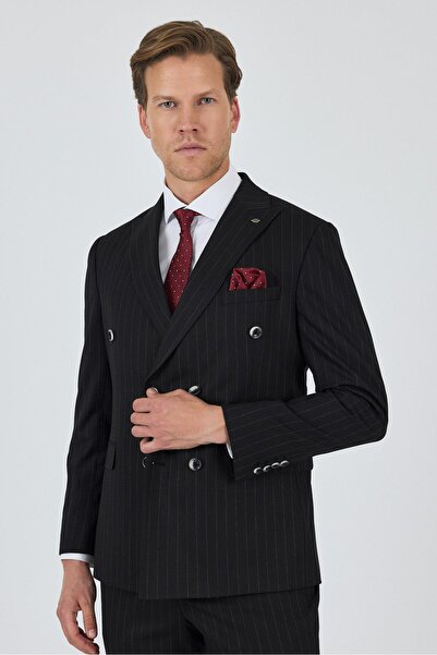 İmza Black Sword Collar Striped Pattern Double Breasted Classic Flexible Slim Fit Suit 1001250173