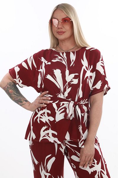 etselements White Patterned Crew Neck Belted % Cotton Blouse Pants Suit 4050 Burgundy Color
