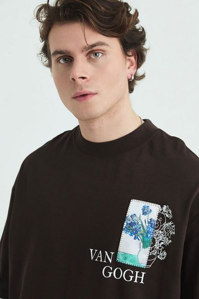 fame-stoned Μπλουζάκι με στάμπα Vincent Van Gogh, Κεντημένο Unisex 100% βαμβακερό καφέ