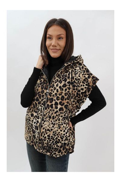 CHANGE OFF Oversized Quilted Short Vest With Pockets Animal Print Riza One Waist Black