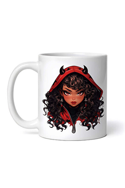 OEM Cană albă personalizată, Fată diavoliță de Halloween cu glugă roșie și coarne, INOVATIX®. 330ml