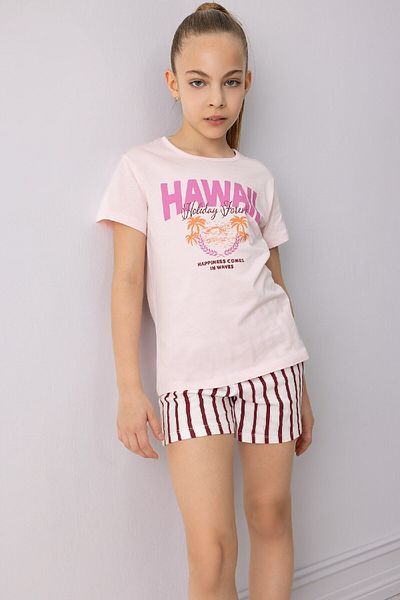 DeFacto Pyjama-Set für Mädchen – bedrucktes Kurzarm-T-Shirt und Shorts