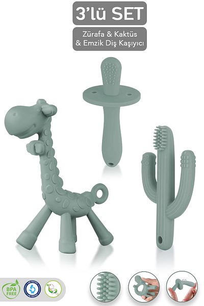 Meleni Baby 3-Piece Silicone Teether Set - Cactus Giraffe Figured Teether Baby Teething Pacifier Green