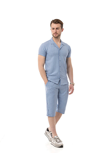 monox Erkek Mekanik Keten Gömlekli Diz Altı Kapri Takım