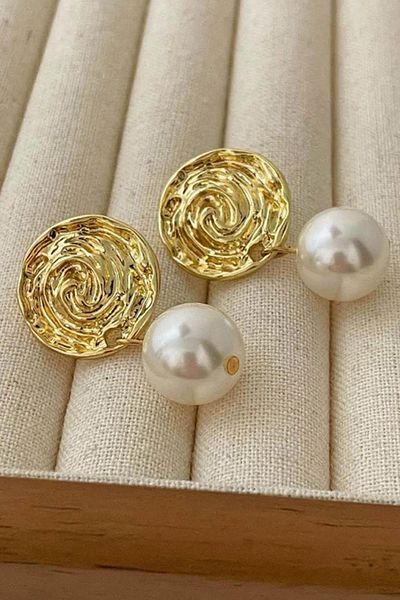 dk denemekabini Women's Stainless Gold Color Pearl Detailed Steel Earrings (Pair) - Yellow
