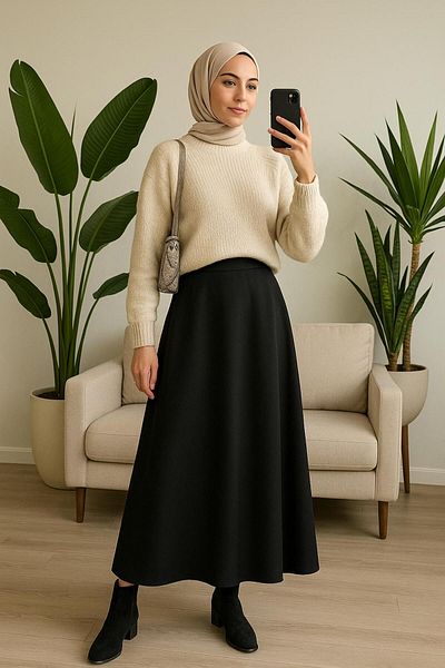 lumuteks Γυναικεία Μαύρη Scuba Puff Υφασμάτινη Μανίκια Hijab και Casual Φούστα
