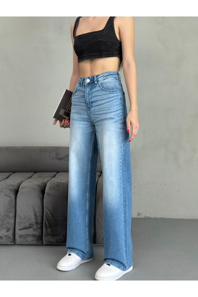 alanora Kadın Yüksek bel Esnek Soluk Efektli Vintage Palazzo Jeans