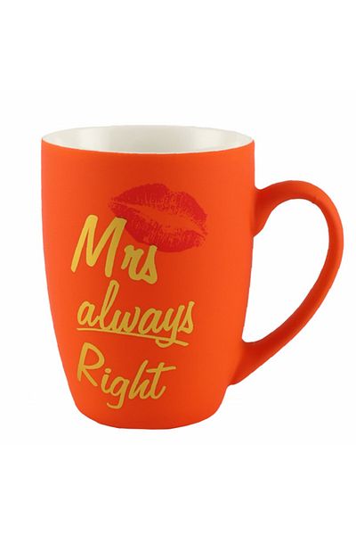 PUFO Mrs Right Matte Ceramic Mug, For Coffee Or Tea, 360 Ml, Orange