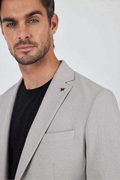 İmza Taş Rengi Mono Yaka Kendinden Desenli 2 Düğme Casual Esnek Slim Fit Takım Elbise 1001250174