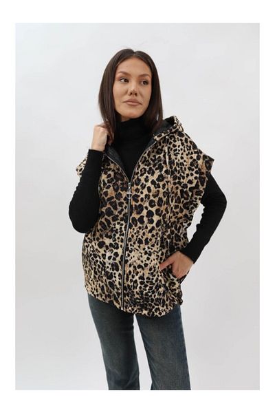CHANGE OFF Oversized Quilted Short Vest With Pockets Animal Print Riza One Waist Black