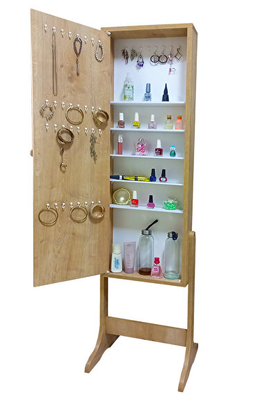 First Mobilya Yıldız Demonte Çok Amaçlı Ayaklı Aynalı Hediyelik Takı Dolabı - Safir Meşe