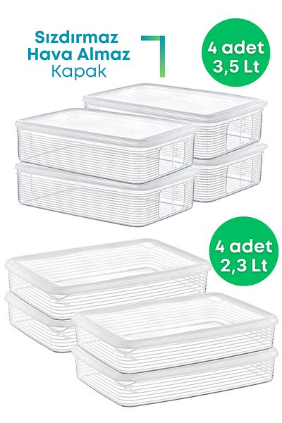 GRİMOR Life Set of 8 2.3 Lt and 3.5 Lt Leakproof Deep Freezer Freezer Storage Container Set Transparent