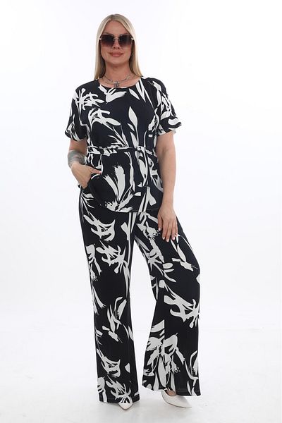 etselements White Patterned Crew Neck Belted % Cotton Blouse Trouser Suit 4050 Black