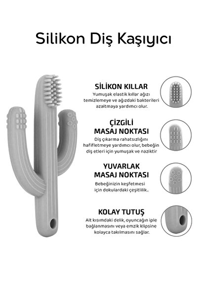 Meleni Baby 3'lü Silikon Diş Kaşıyıcı Set - Kaktüs Zürafa Figürlü Diş Kaşıyıcı Bebek Diş Kaşıma Emziği Gri