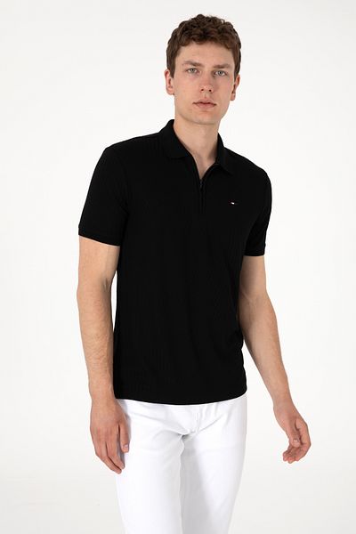U.S. Polo Assn. Ανδρικό μπλουζάκι με φερμουάρ κανονική εφαρμογή μαύρο με υφή 50299583-vr046