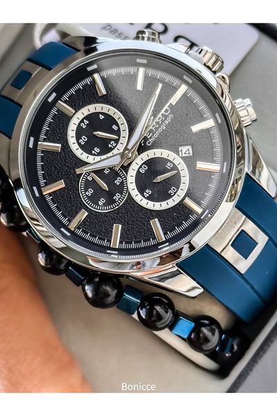 FERRO Sports Men's Watch, Active Functions, Navy Blue Silicone, with Calendar, Bracelet Gift