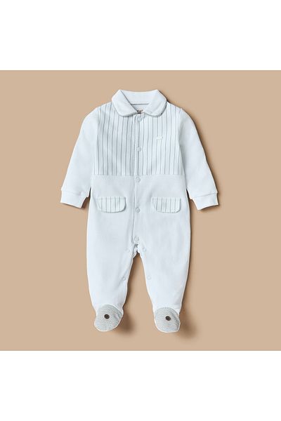 giggles Striped Closed Feet Sleepsuit with Collar and Long Sleeves