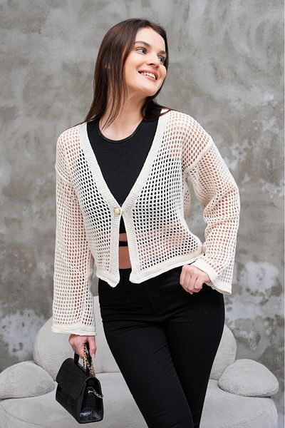 BlueTex Women's Pearl Buttoned Summer Openwork Cardigan Knitwear