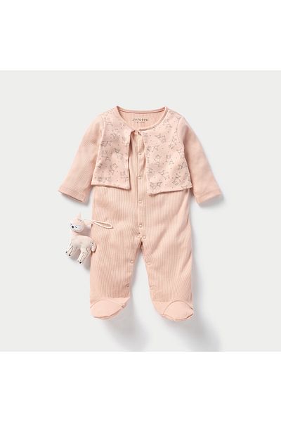 Juniors Ribbed Closed Feet Sleepsuit with Long Sleeves and Deer Soft Toy