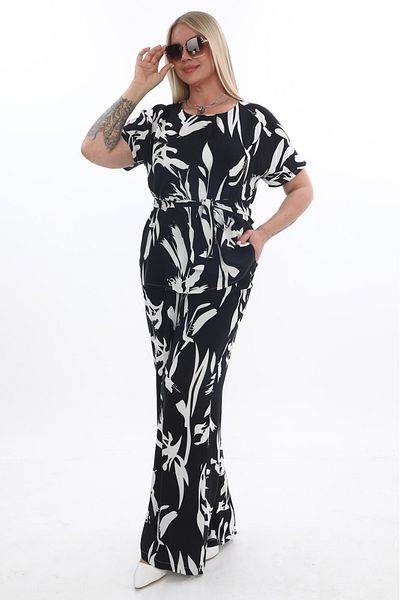 etselements White Patterned Crew Neck Belted % Cotton Blouse Trouser Suit 4050 Black