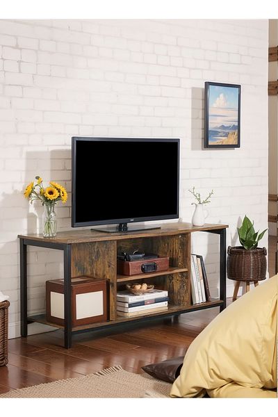 EqiEch Rustic Brown Tv Stand With Open Shelves & Metal Frame For Living Room, 110x40x50cm