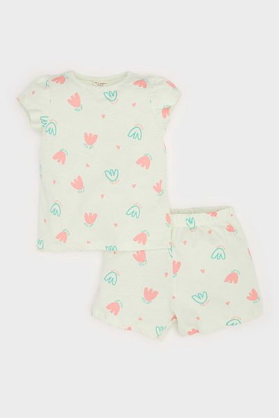 DeFacto Baby-Pyjama-Set für Mädchen – Kurzarm-Oberteil aus gekämmter Baumwolle mit Blumenmuster und Shorts mit elastischem Bund E4614A525SM
